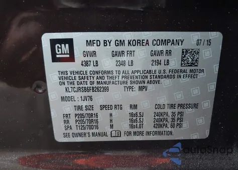 2015 Chevrolet Trax Lt from USA, damaged, VIN KL7CJRSB6FB262399